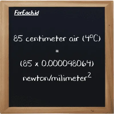 Cara konversi centimeter air (4<sup>o</sup>C) ke newton/milimeter<sup>2</sup> (cmH2O ke N/mm<sup>2</sup>): 85 centimeter air (4<sup>o</sup>C) (cmH2O) setara dengan 85 dikalikan dengan 0.000098064 newton/milimeter<sup>2</sup> (N/mm<sup>2</sup>)